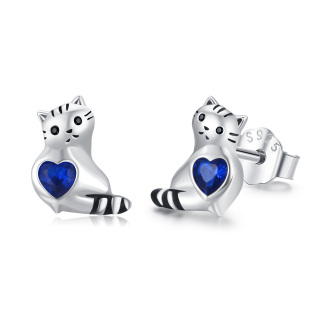 Sterling Silver Heart Shaped Cubic Zirconia Cat Stud Earrings-28