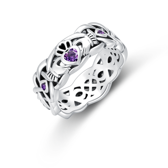 Sterling Zilveren Hartvormige Cubic Zirconia Keltische Knoop Claddagh Geboortesteen Ring