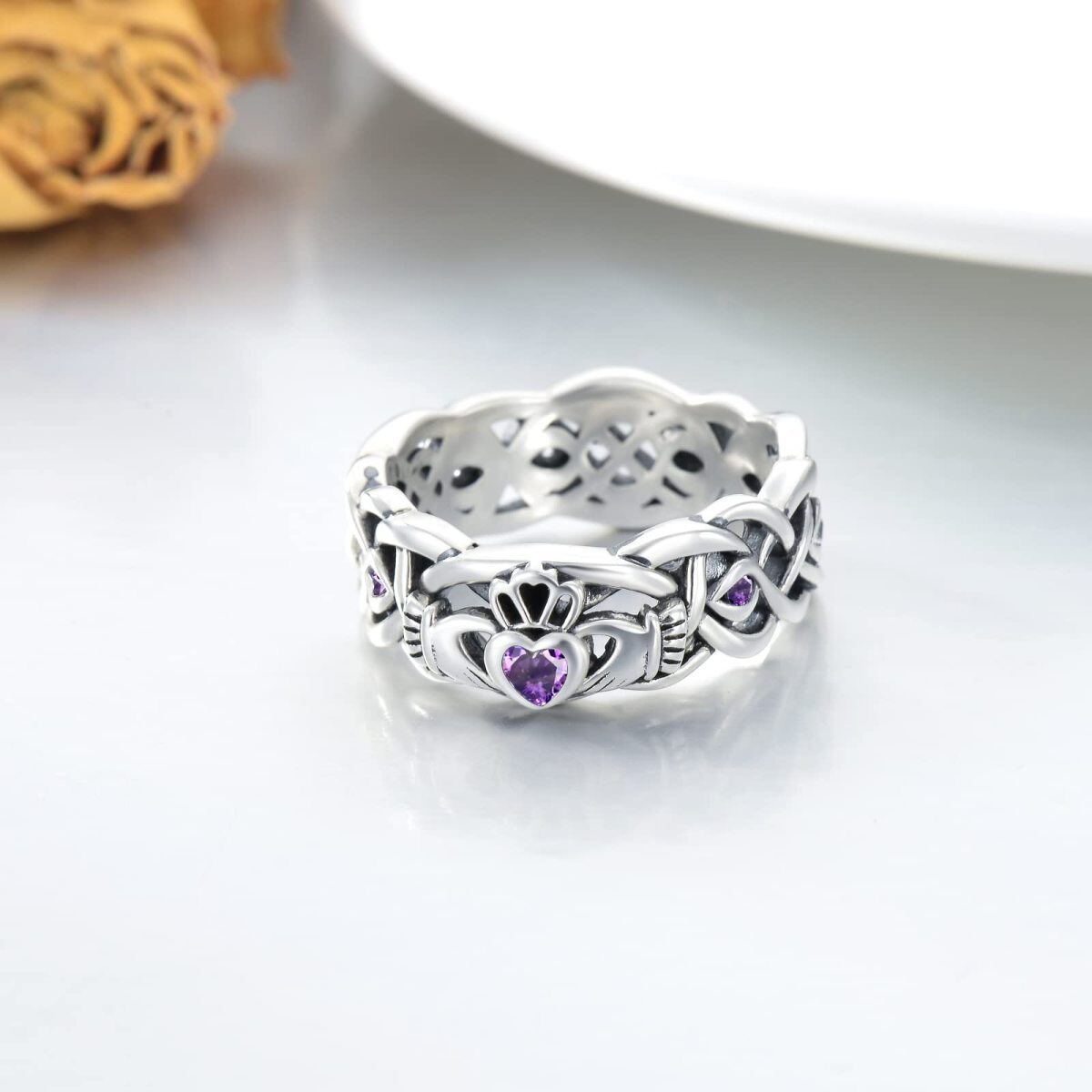 Sterling Silver Heart Shaped Cubic Zirconia Celtic Knot & Claddagh Birthstone Ring-4