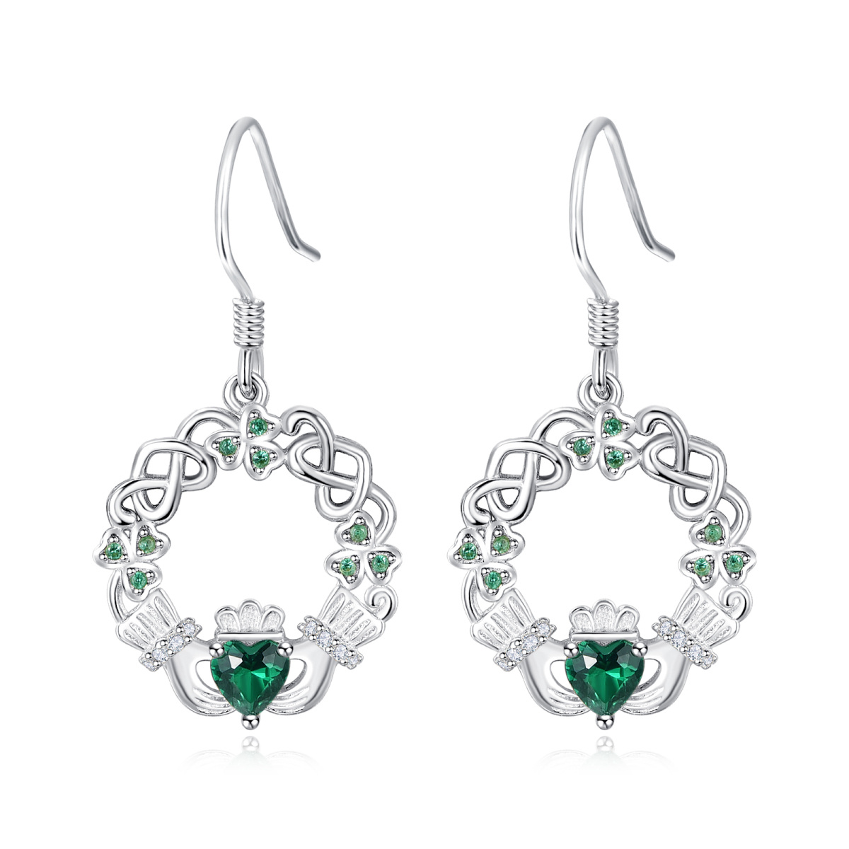 Pendientes colgantes Claddagh con nudo celta y circonita cúbica en forma de corazón de plata de ley-1