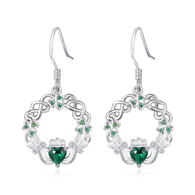 Sterling Silver Heart Shaped Cubic Zirconia Celtic Knot & Claddagh Drop Earrings-1