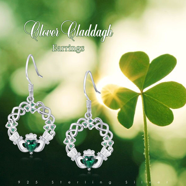 Sterling Silver Heart Shaped Cubic Zirconia Celtic Knot & Claddagh Drop Earrings-5