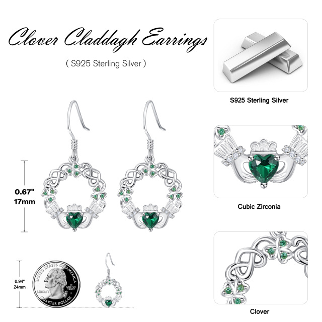 Sterling Silver Heart Shaped Cubic Zirconia Celtic Knot & Claddagh Drop Earrings-6