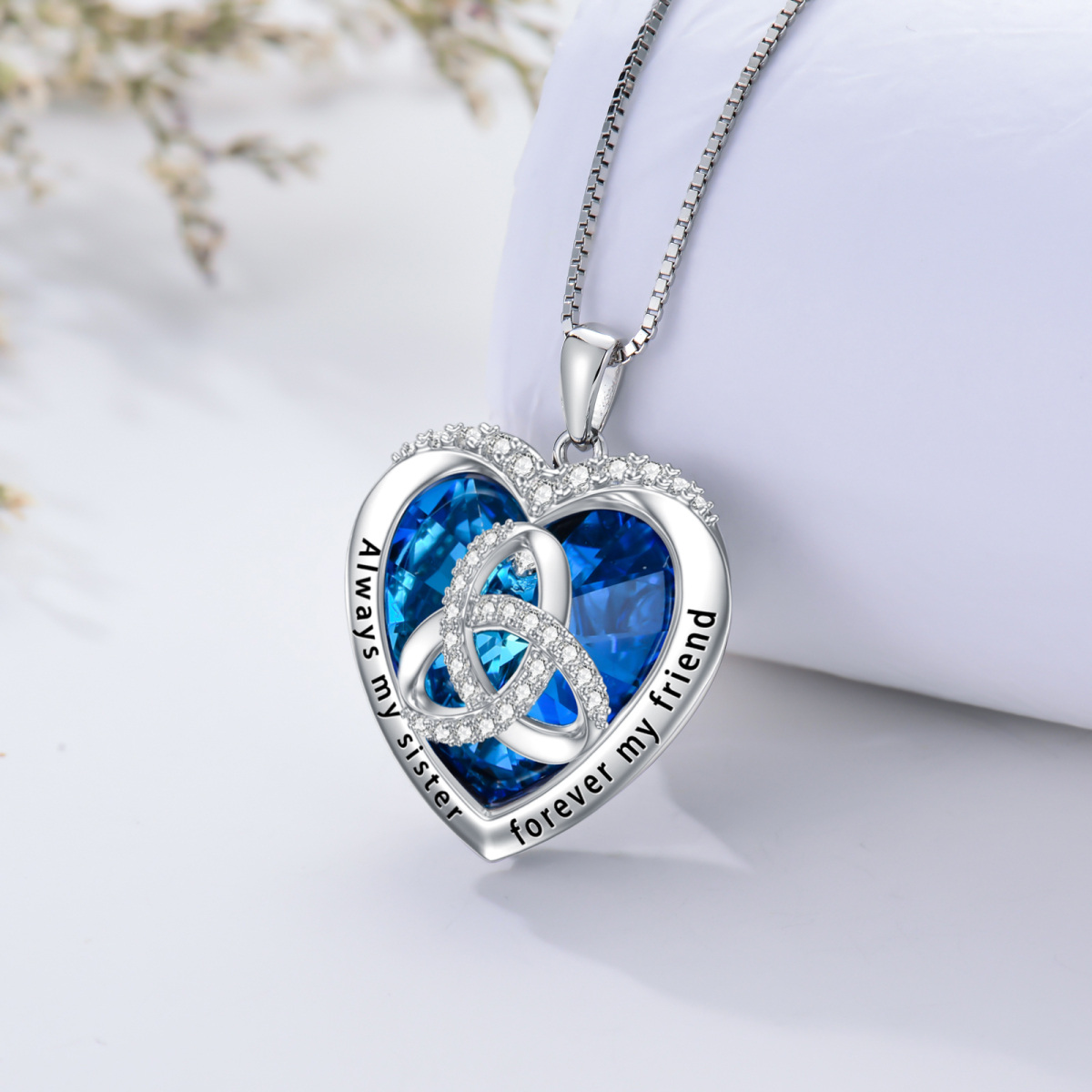 Collar con colgante de nudo celta de plata de ley con cristal de corazón y circonita para mujeres hermanas-3