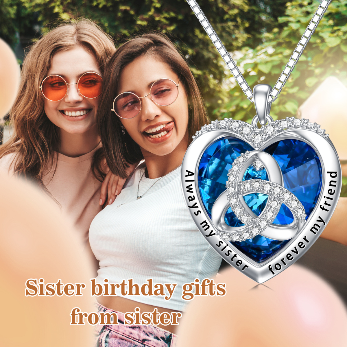 Collar con colgante de nudo celta de plata de ley con cristal de corazón y circonita para mujeres hermanas-6