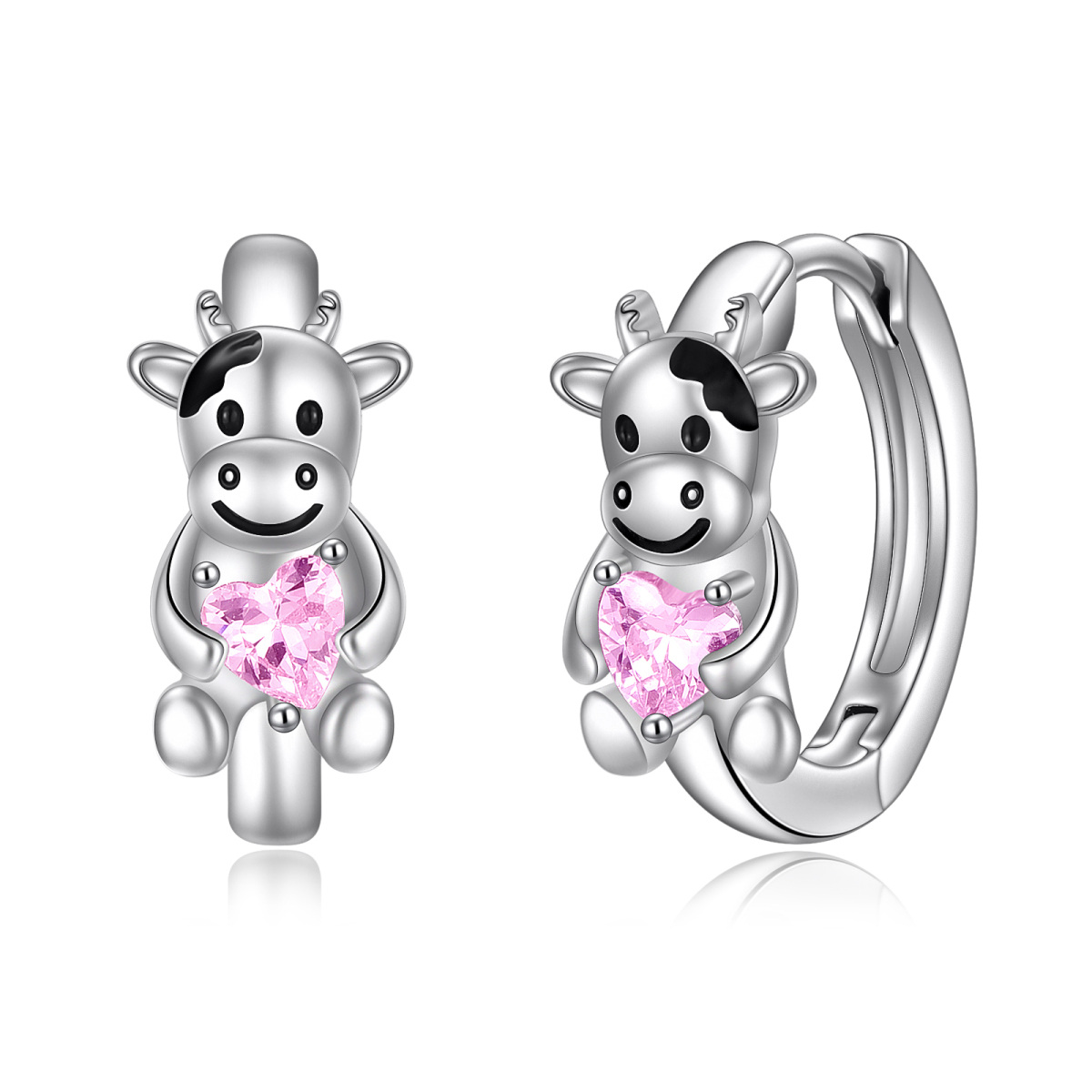 Sterling Silver Heart Shaped Cubic Zirconia Cow Hoop Earrings-1