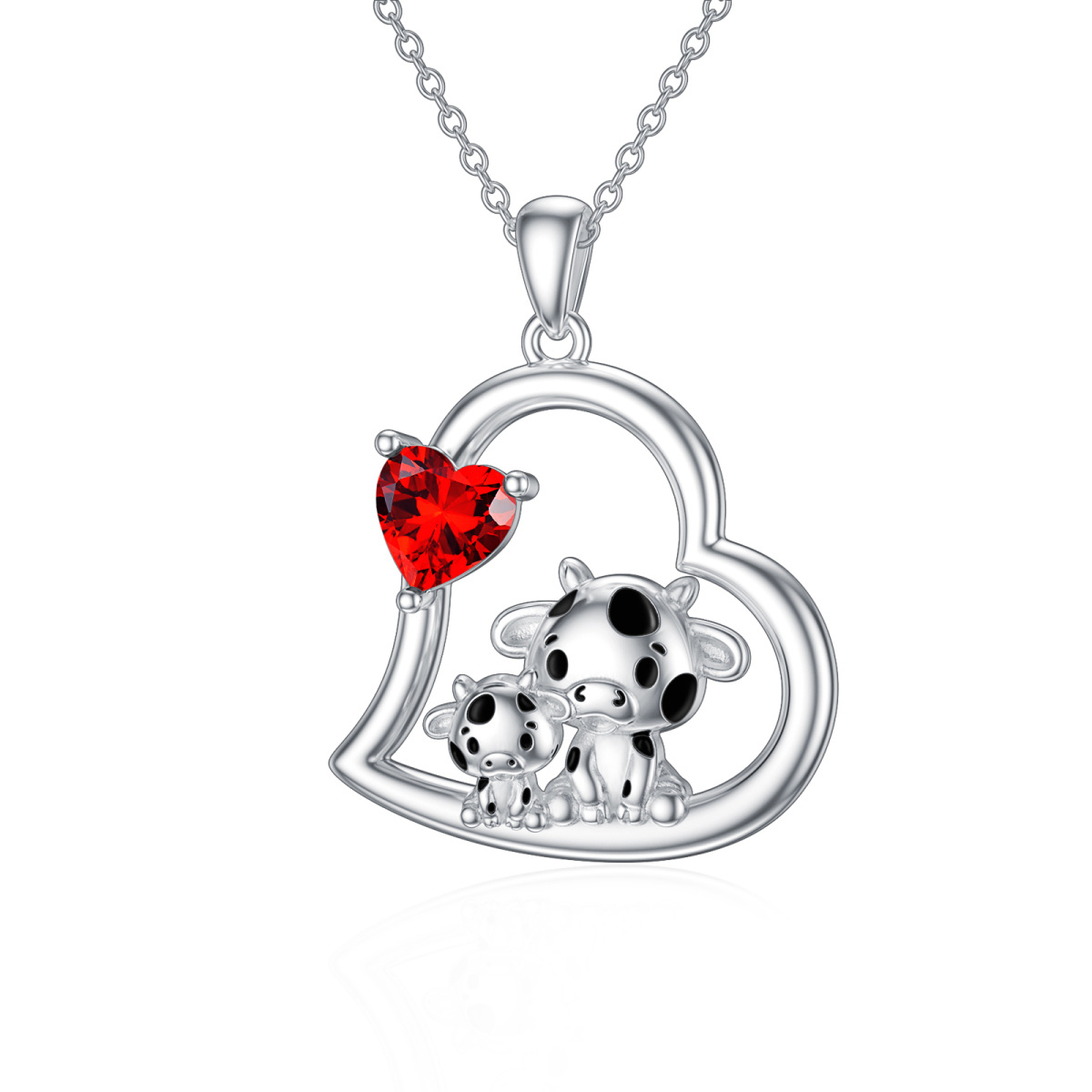 Collar de plata de ley con forma de corazón y vaca para madre e hija con piedra de nacimiento-1