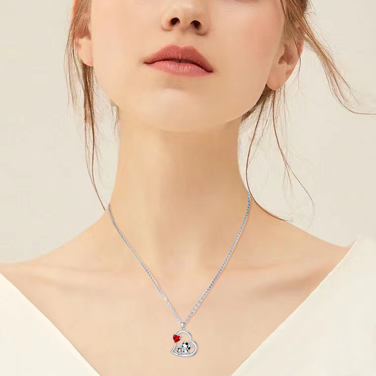 Collar de plata de ley con forma de corazón y vaca para madre e hija con piedra de nacimiento-2