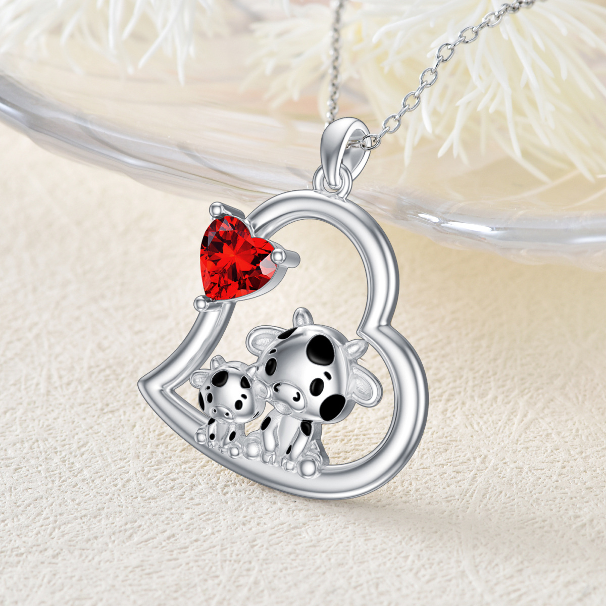 Collar de plata de ley con forma de corazón y vaca para madre e hija con piedra de nacimiento-3