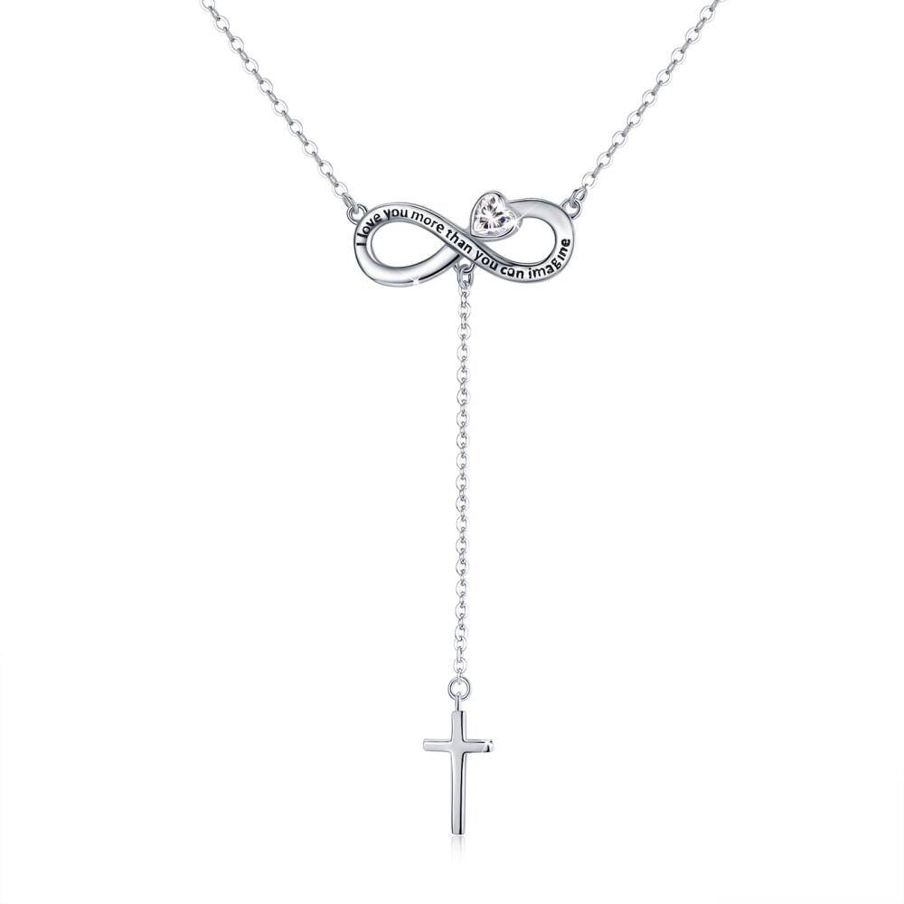 Sterlingsilber-Herz-Kubikzirkonia-Kreuz mit Herz-Unendlichkeitssymbol. Nicht verstellbare Y-Halskette mit eingraviertem Wort für Frauen-1