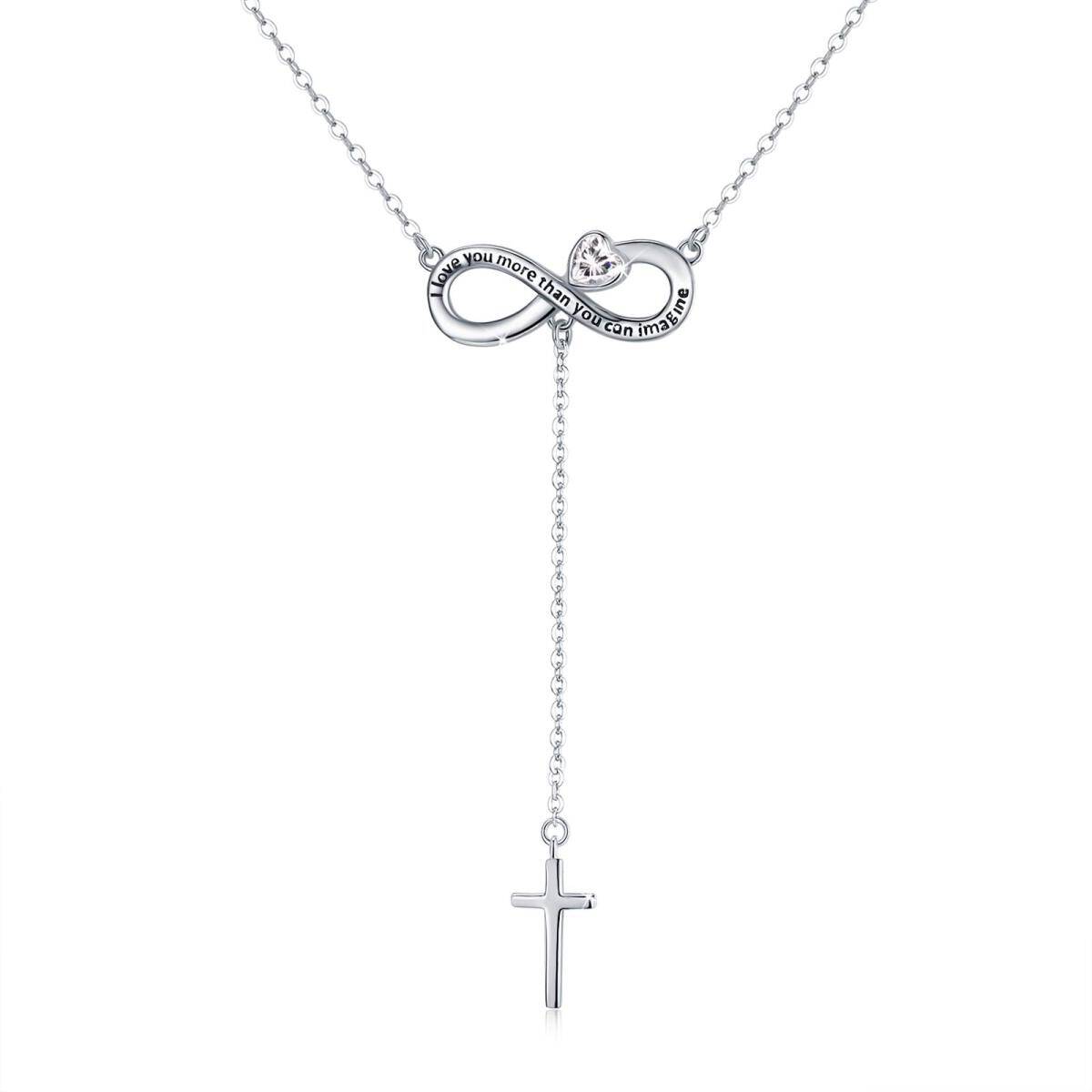 Collana a Y non regolabile con simbolo dell'infinito a forma di cuore in argento sterling con croce di zirconi cubici e parola incisa per le donne-1