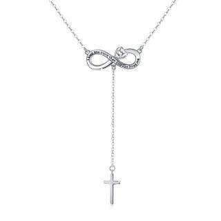 Sterling Silver Heart Cubic Zirconia Cross With Heart Infinity Symbol Non-Adjustable Y-Necklace With Engraved Word For Women-3