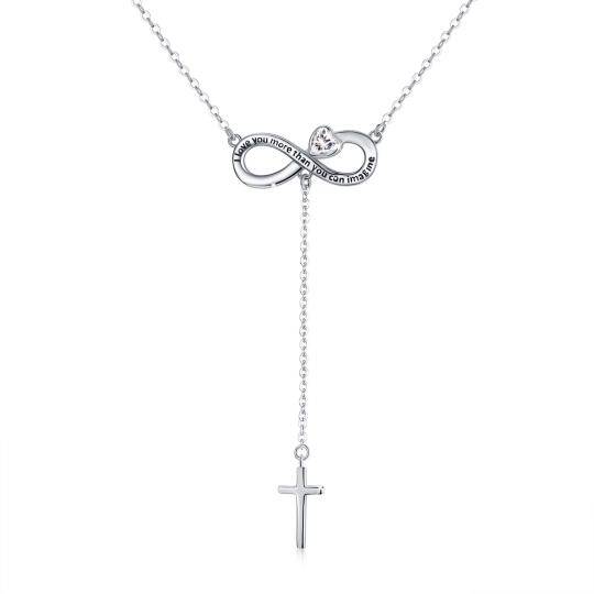 Sterling Silver Heart Shaped Cubic Zirconia Cross & Heart & Infinity Symbol Non-adjustable Y-Necklace with Engraved Word