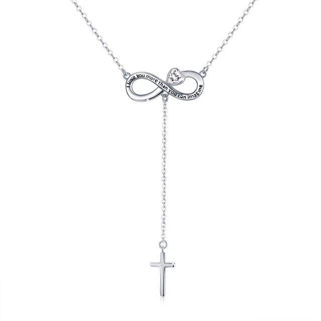 Sterling Silver Heart Shaped Cubic Zirconia Cross & Heart & Infinity Symbol Non-adjustable Y-Necklace with Engraved Word-2