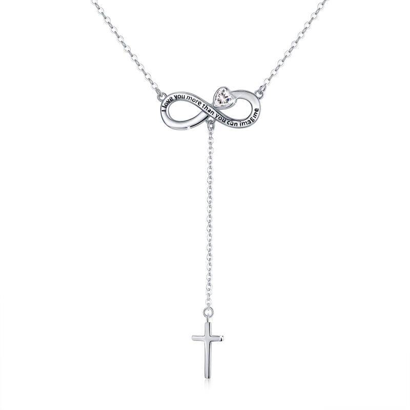 Sterling Silver Heart Cubic Zirconia Cross With Heart Infinity Symbol Non-Adjustable Y-Necklace With Engraved Word For Women-8