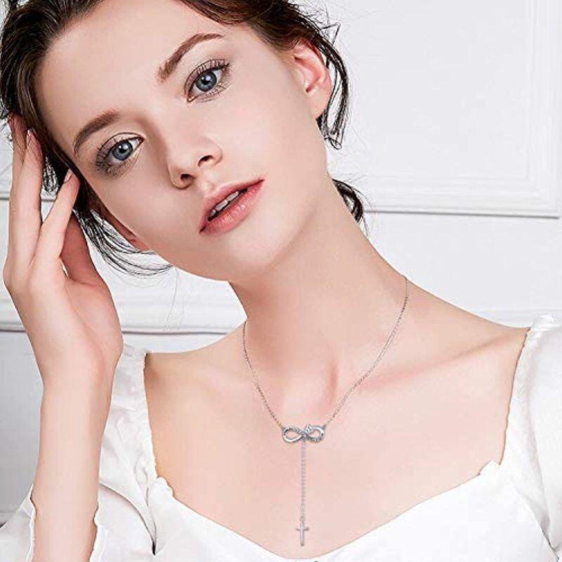 Sterling Silver Heart Cubic Zirconia Cross With Heart Infinity Symbol Non-Adjustable Y-Necklace With Engraved Word For Women-2