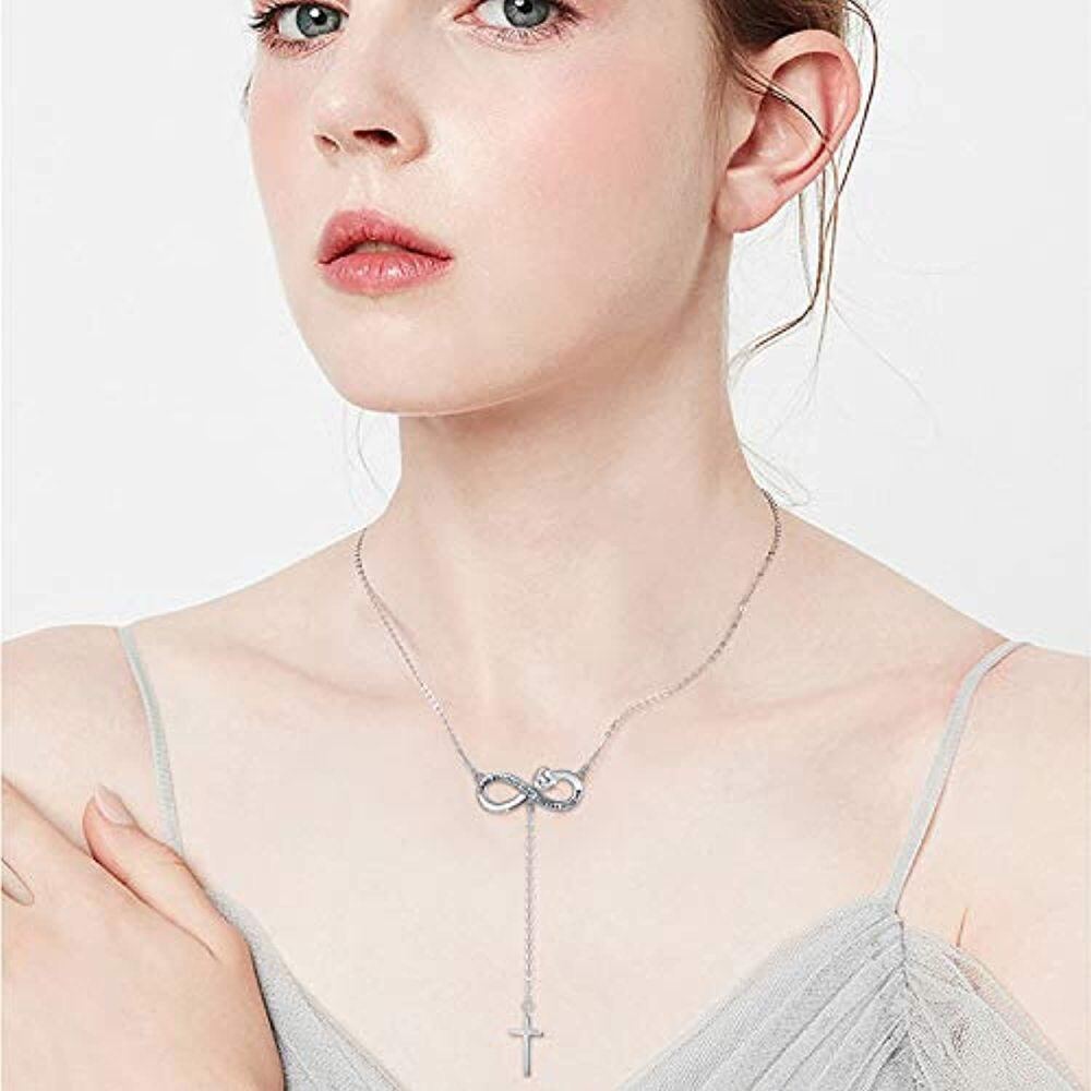 Sterlingsilber-Herz-Kubikzirkonia-Kreuz mit Herz-Unendlichkeitssymbol. Nicht verstellbare Y-Halskette mit eingraviertem Wort für Frauen-3