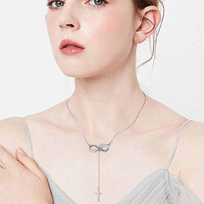 Sterling Silver Heart Cubic Zirconia Cross With Heart Infinity Symbol Non-Adjustable Y-Necklace With Engraved Word For Women-3