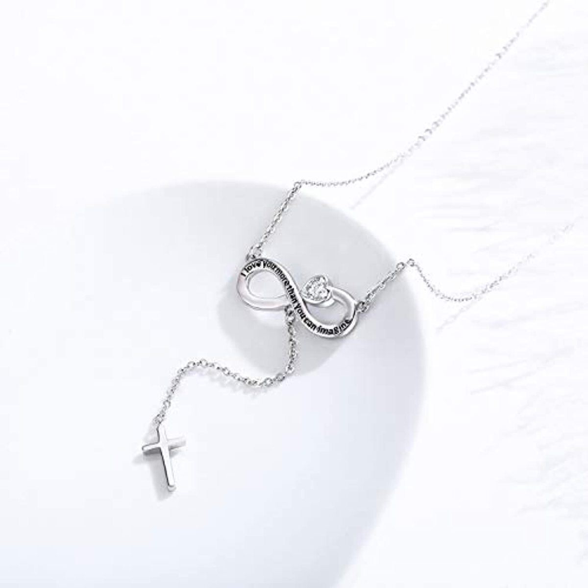 Collana a Y non regolabile con simbolo dell'infinito a forma di cuore in argento sterling con croce di zirconi cubici e parola incisa per le donne-4