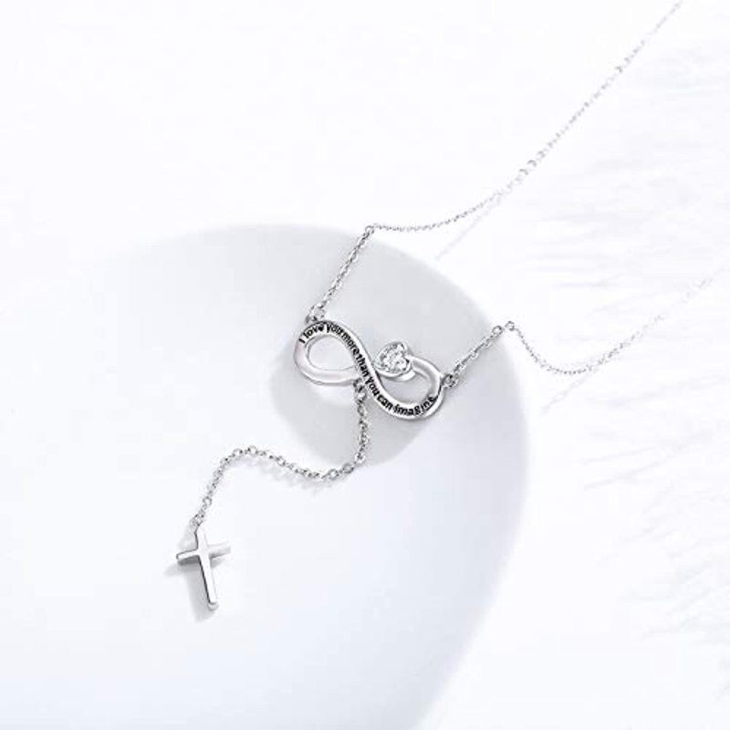 Sterling Silver Heart Cubic Zirconia Cross With Heart Infinity Symbol Non-Adjustable Y-Necklace With Engraved Word For Women-4