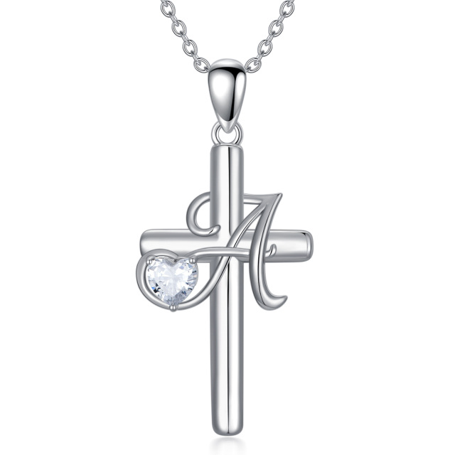 Sterling Silver Heart Shaped Cubic Zirconia Cross Pendant Necklace with Initial Letter A-1