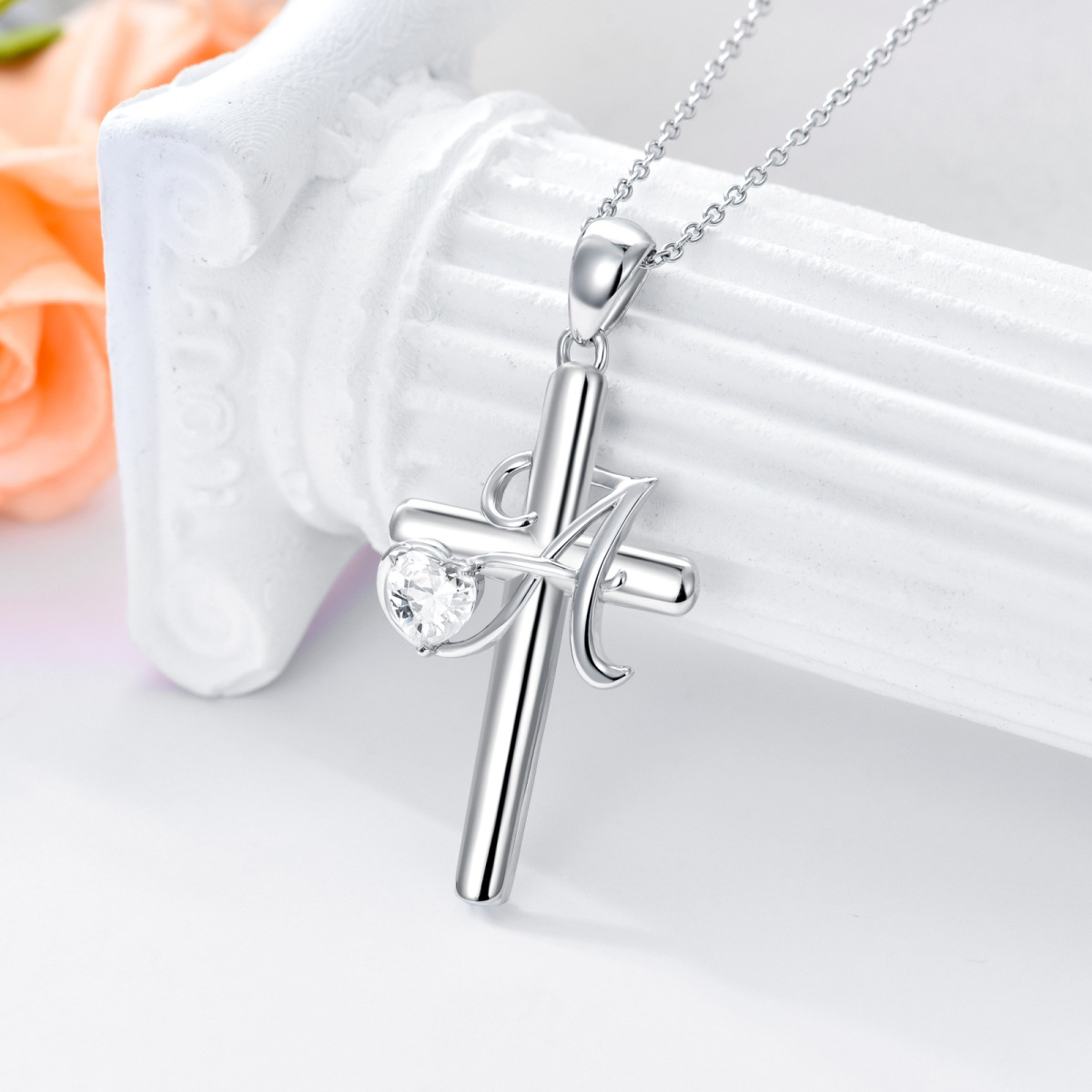 Sterling Silber Herz geformt Cubic Zirkonia Kreuz Anhänger Halskette mit Initial Buchstabe-3