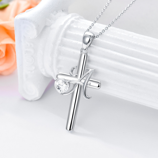 Sterling Silver Heart Shaped Cubic Zirconia Cross Pendant Necklace with Initial Letter A-3