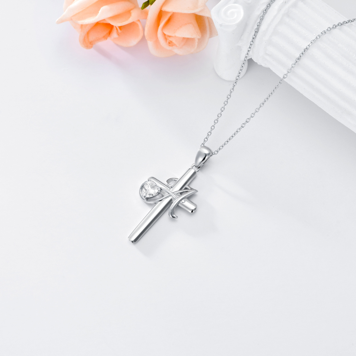 Sterling Silver Heart Shaped Cubic Zirconia Cross Pendant Necklace with Initial Letter A-4