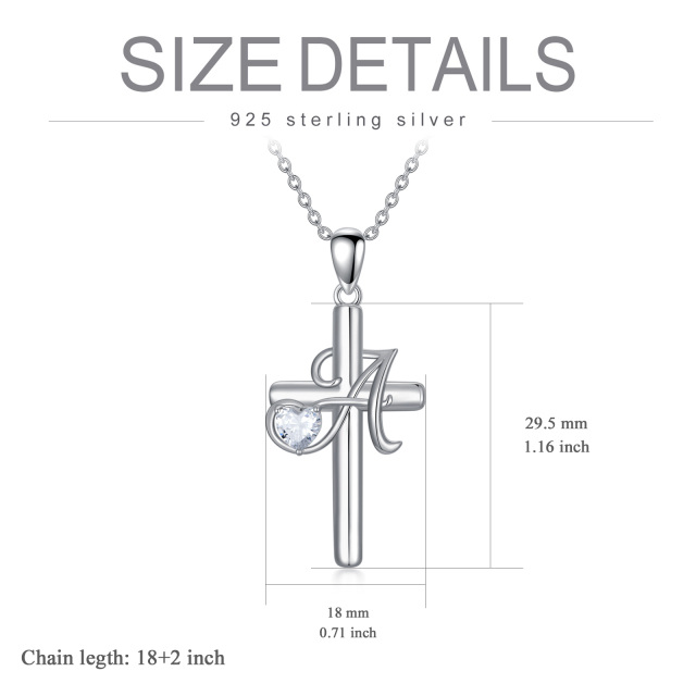 Sterling zilveren hartvormige cubic zirconia kruis hanger ketting met initiaal letter A-5