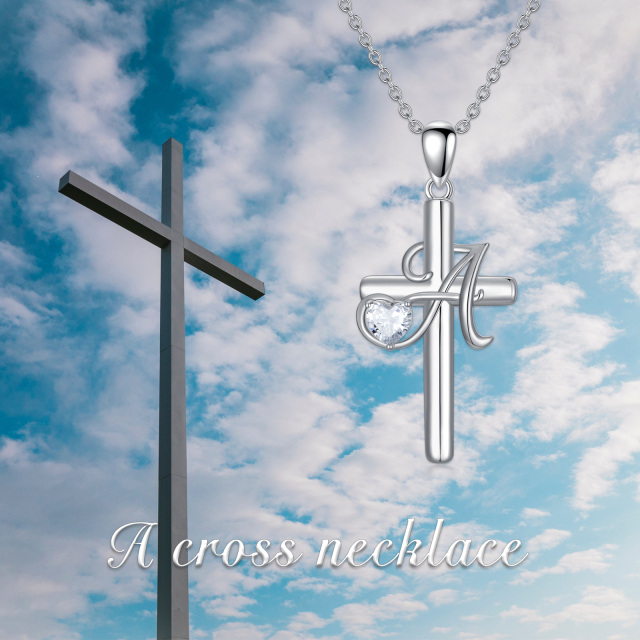 Sterling Silver Heart Shaped Cubic Zirconia Cross Pendant Necklace with Initial Letter A-6