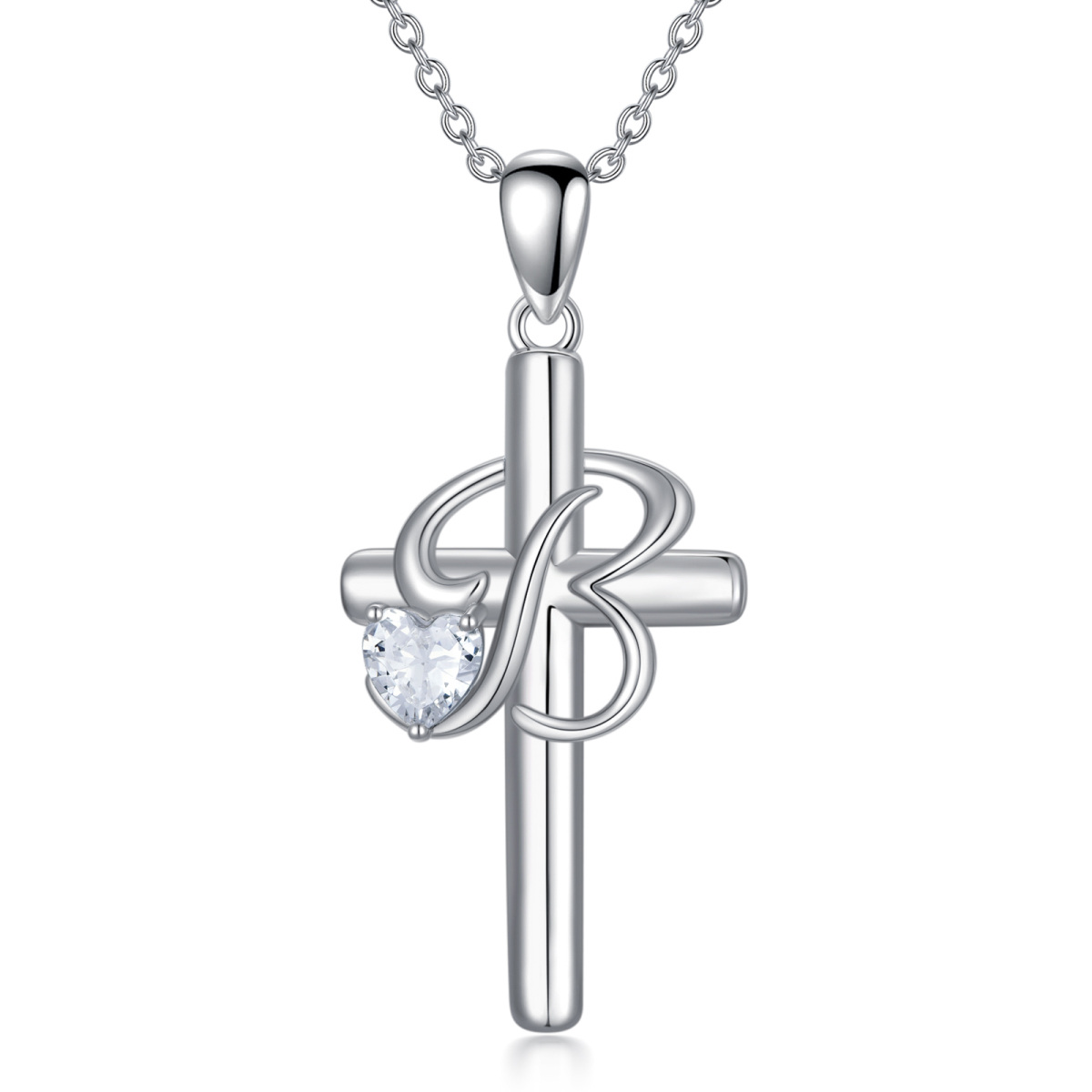 Sterling Silver Heart Shaped Cubic Zirconia Cross Pendant Necklace with Initial Letter B-1