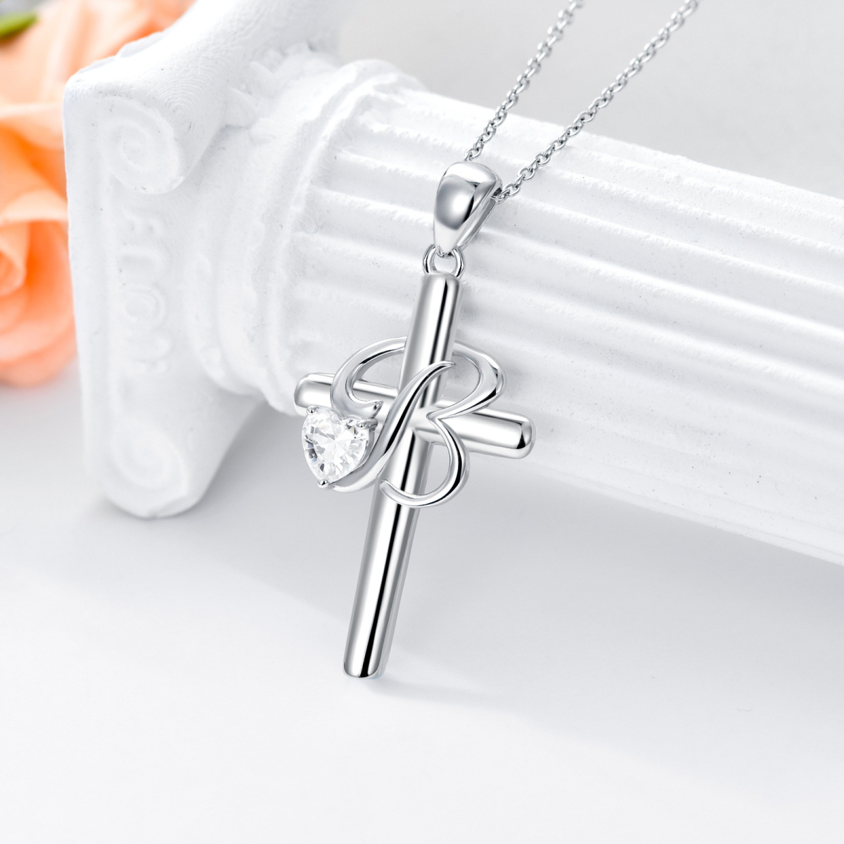 Sterling Silber Herz geformt Cubic Zirkonia Kreuz Anhänger Halskette mit Initial Buchstabe-3