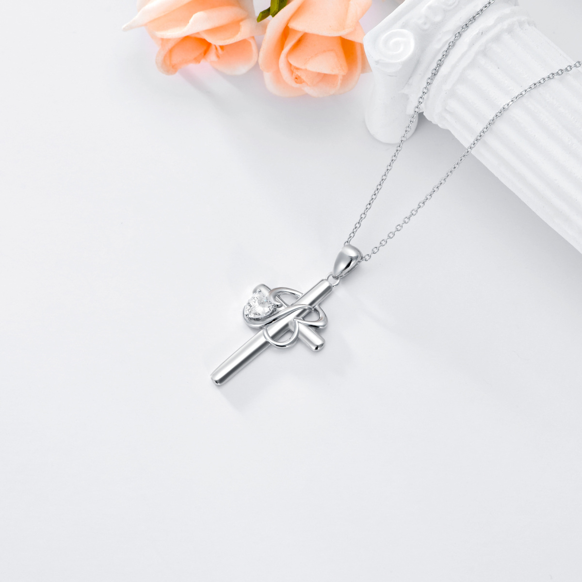 Collier en argent sterling avec pendentif croix en forme de coeur en zircon cubique et let-4