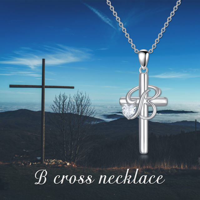 Sterling Silver Heart Shaped Cubic Zirconia Cross Pendant Necklace with Initial Letter B-6