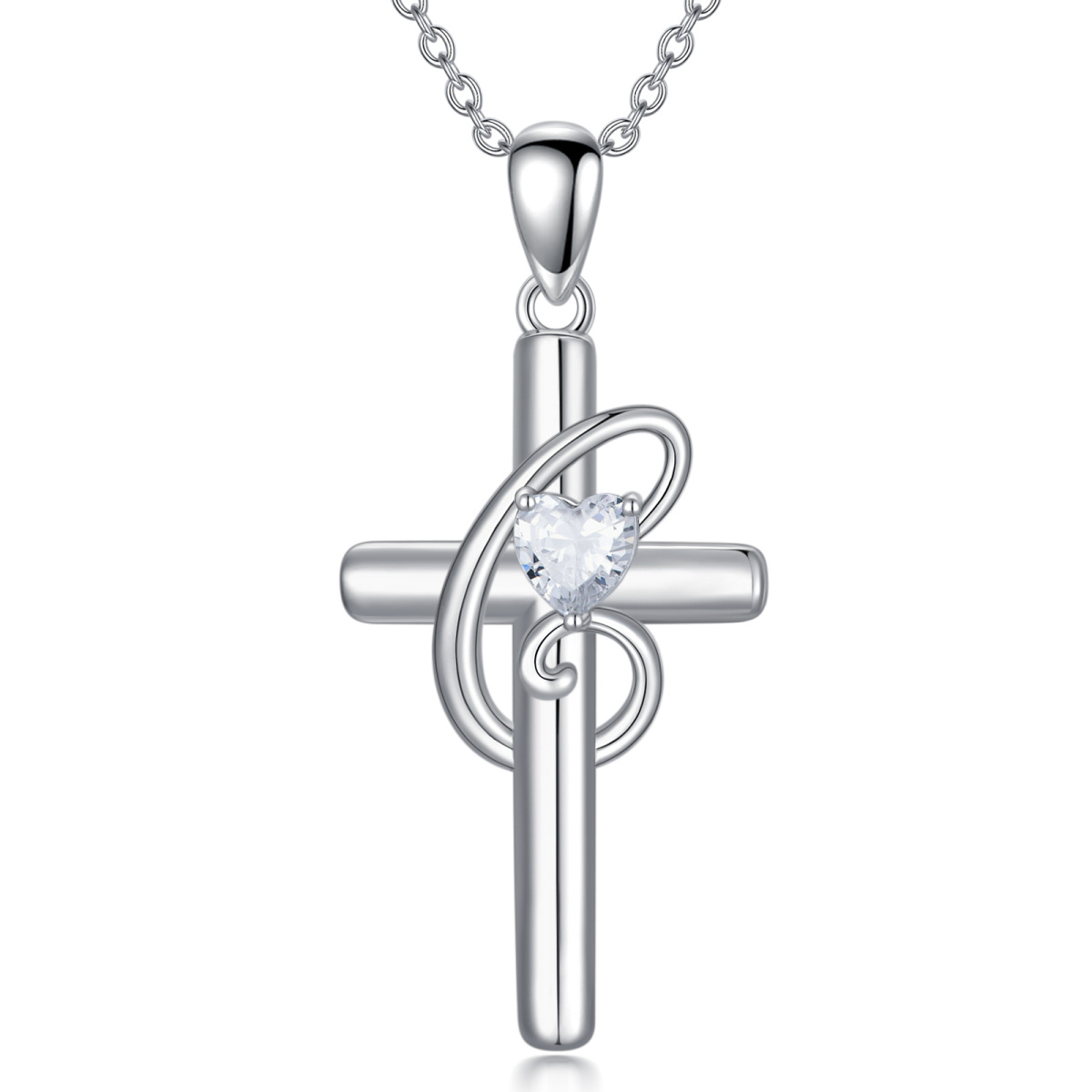 Sterling Silver Heart Shaped Cubic Zirconia Cross Pendant Necklace with Initial Letter C-1