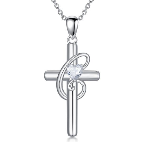 Sterling Silver Heart Shaped Cubic Zirconia Cross Pendant Necklace with Initial Letter C