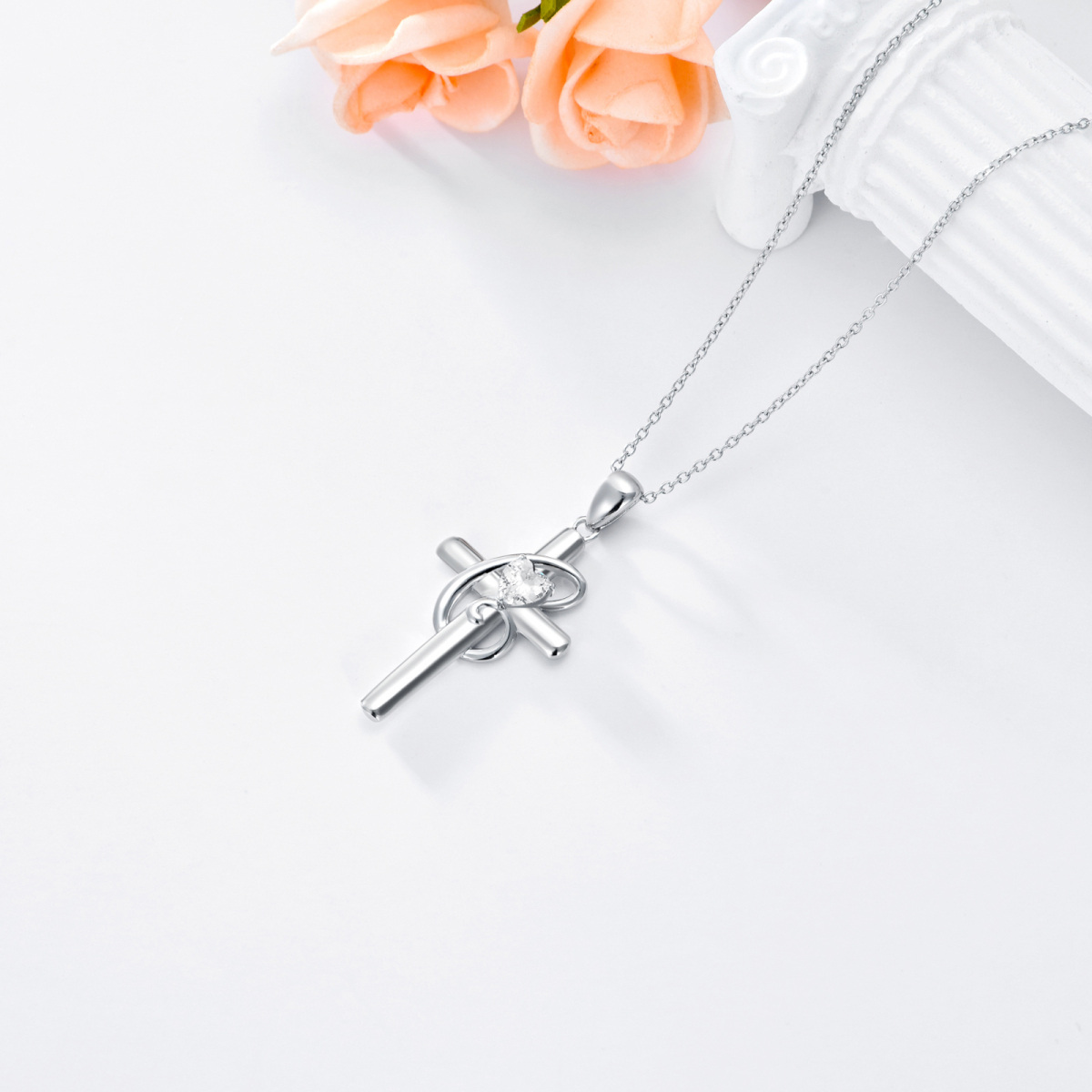 Sterling Silver Heart Shaped Cubic Zirconia Cross Pendant Necklace with Initial Letter C-4