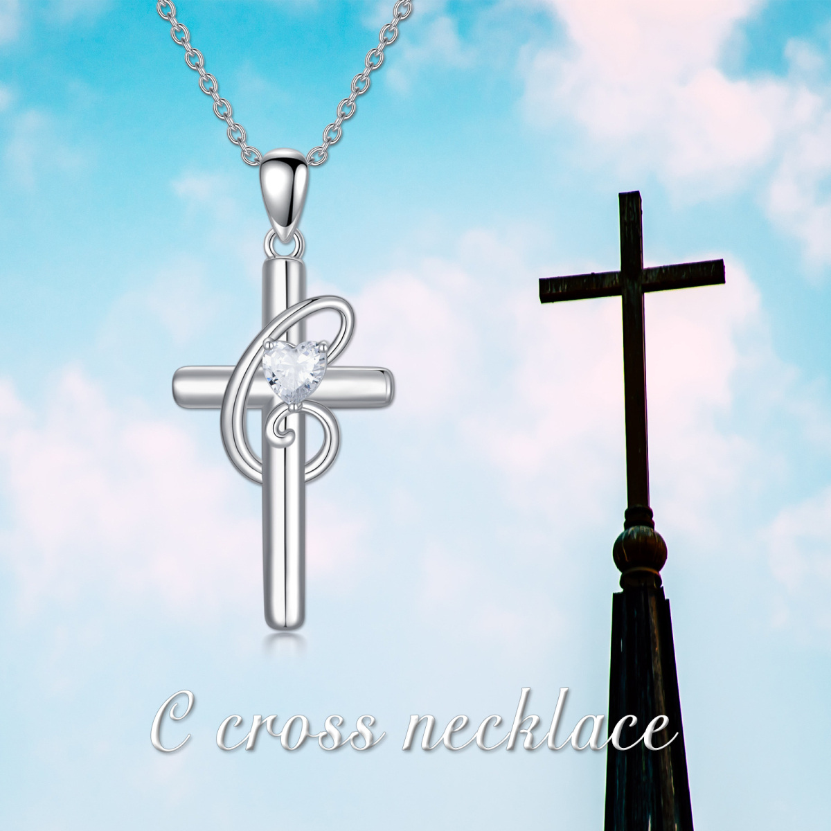 Sterling Silver Heart Shaped Cubic Zirconia Cross Pendant Necklace with Initial Letter C-6