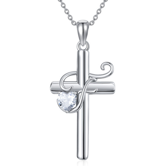 Sterling Silver Heart Shaped Cubic Zirconia Cross Pendant Necklace with Initial Letter F