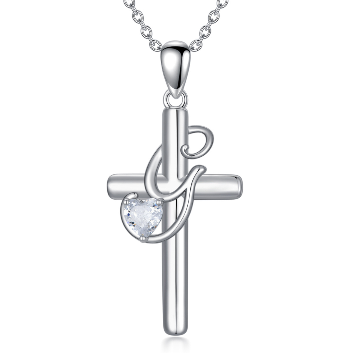 Sterling Silver Heart Shaped Cubic Zirconia Cross Pendant Necklace with Initial Letter G-1