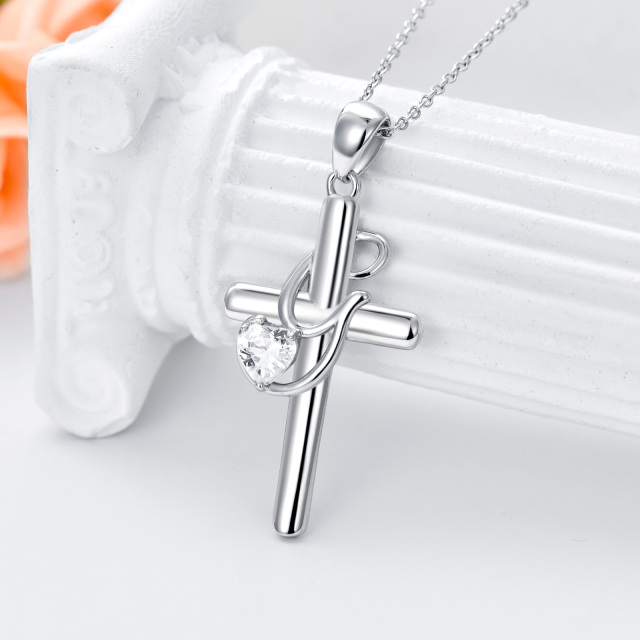 Sterling Silber Herz geformt Cubic Zirkonia Kreuz Anhänger Halskette mit Anfangsbuchstabe-3