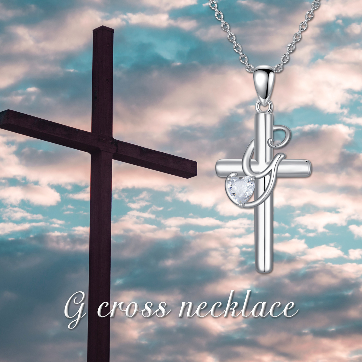 Sterling Silver Heart Shaped Cubic Zirconia Cross Pendant Necklace with Initial Letter G-6