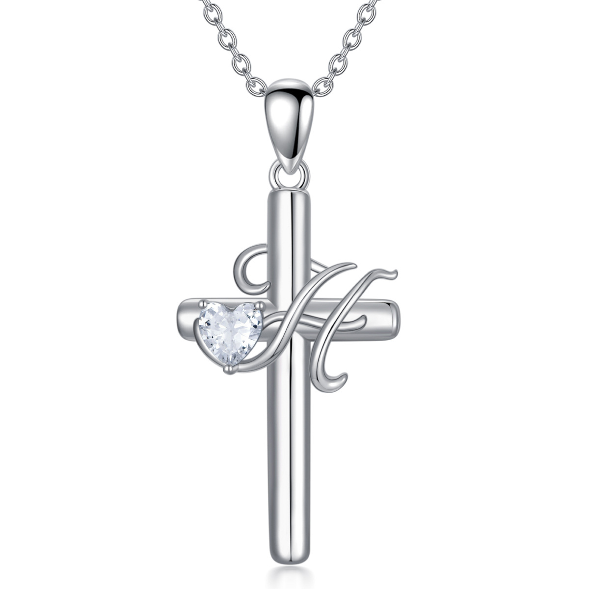 Sterling Silver Heart Shaped Cubic Zirconia Cross Pendant Necklace with Initial Letter H-1