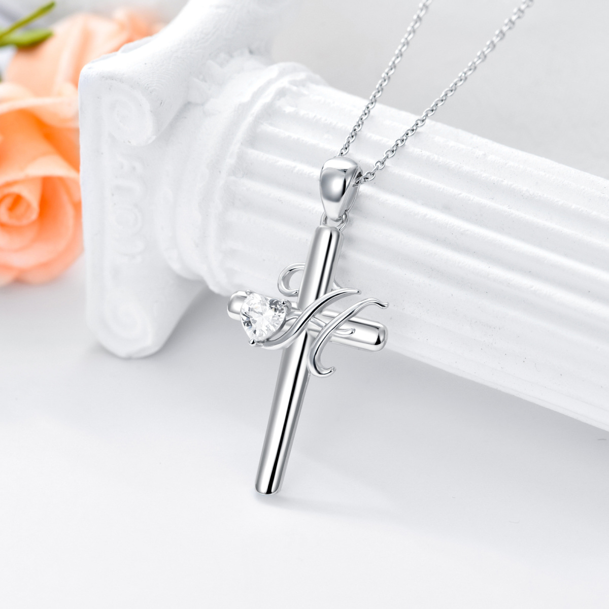 Sterling Silver Heart Shaped Cubic Zirconia Cross Pendant Necklace with Initial Letter H-3