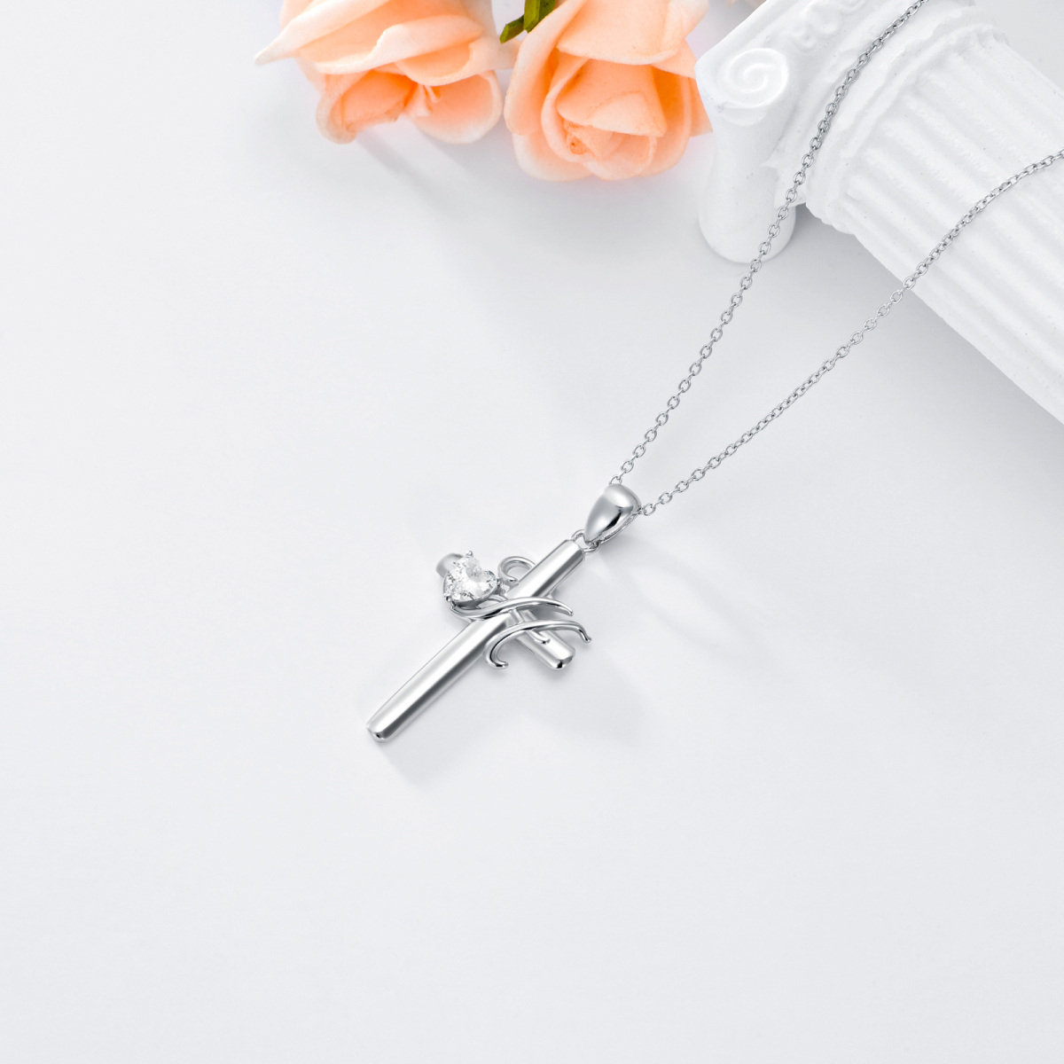 Collier en argent sterling avec pendentif croix en forme de coeur en zircon cubique et let-4