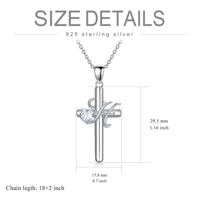 Sterling zilveren hartvormige cubic zirconia kruis hanger ketting met initiaal letter H-5