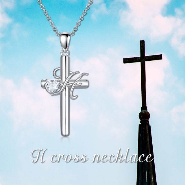 Sterling Silver Heart Shaped Cubic Zirconia Cross Pendant Necklace with Initial Letter H-6