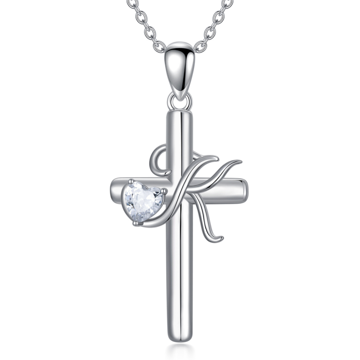 Sterling Silver Heart Shaped Cubic Zirconia Cross Pendant Necklace with Initial Letter K-1