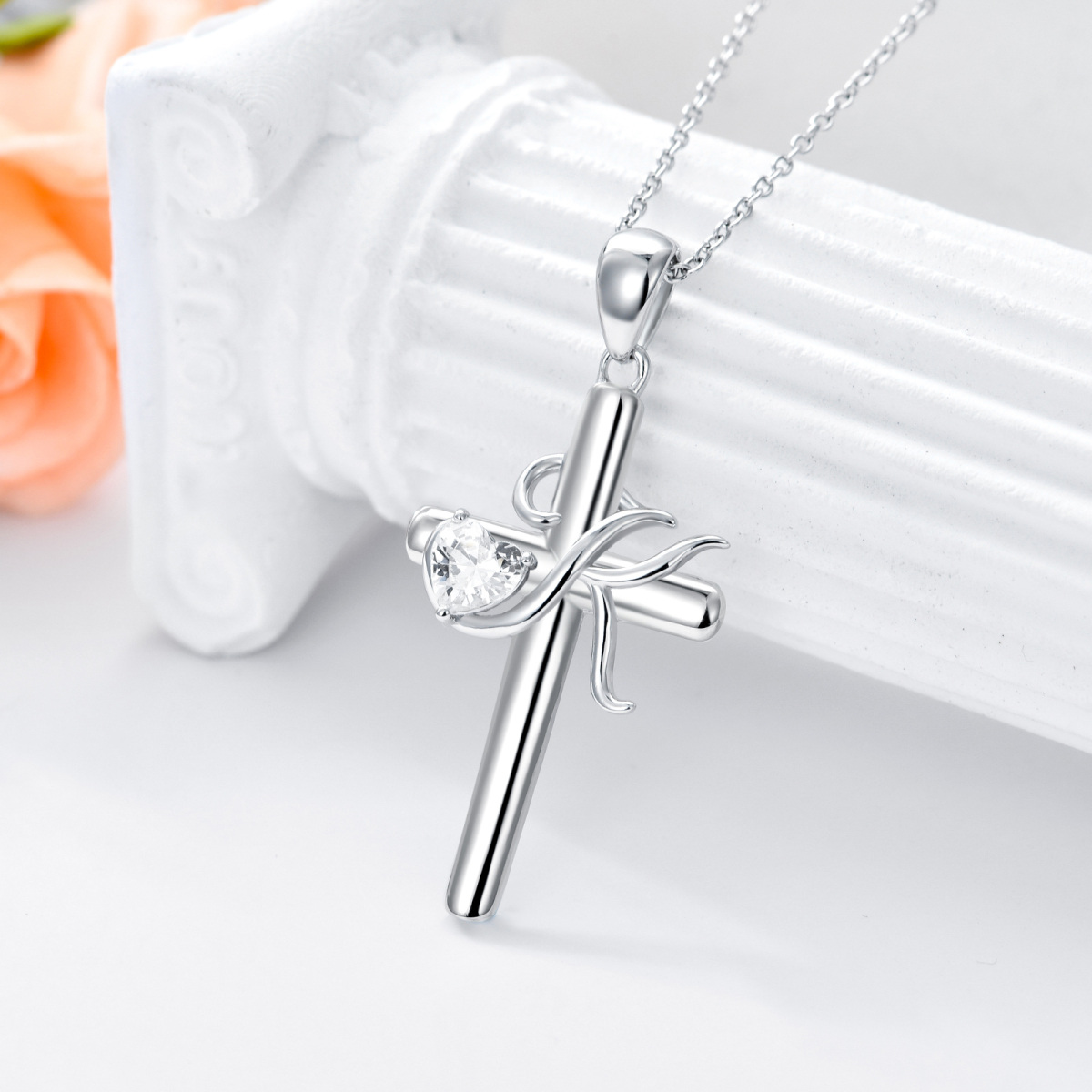 Collier en argent sterling avec pendentif croix en forme de coeur en zircon cubique et let-3