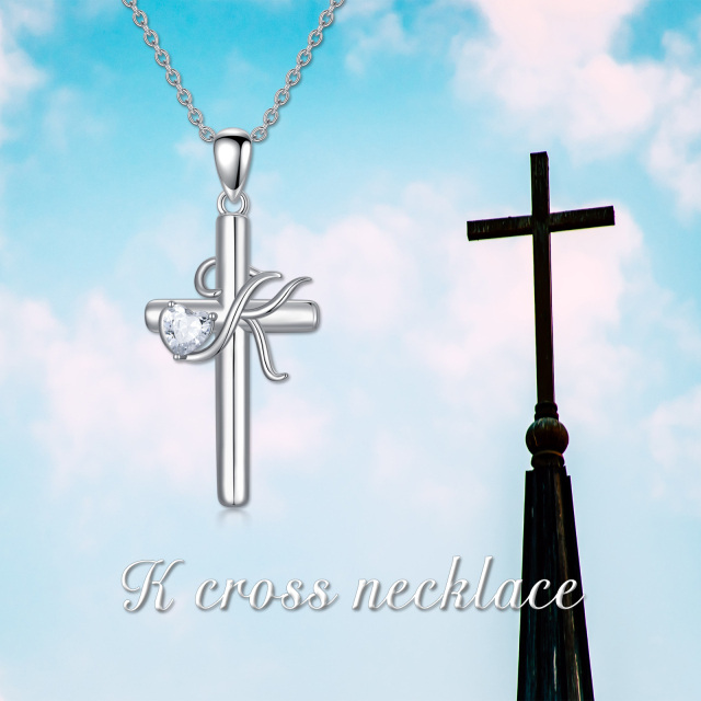 Sterling Silver Heart Shaped Cubic Zirconia Cross Pendant Necklace with Initial Letter K-6